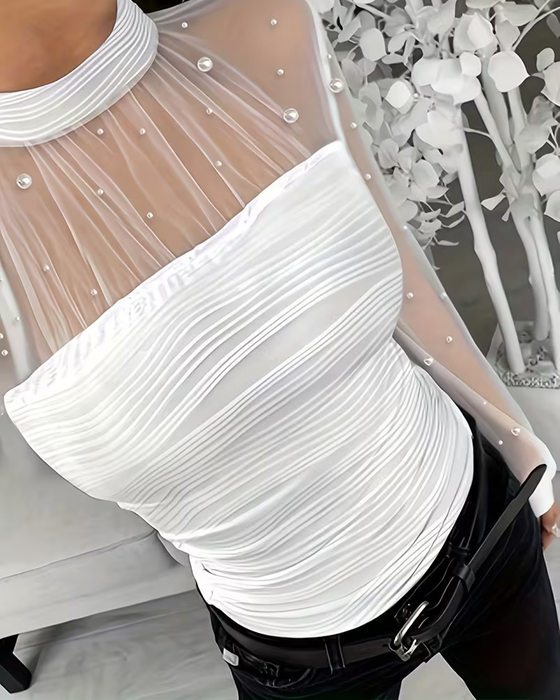 Blus Mock Neck Rynkad Sheer