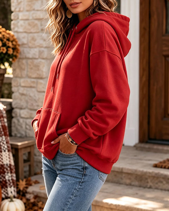 Hoodie Enfärgad Ledig Ficka
