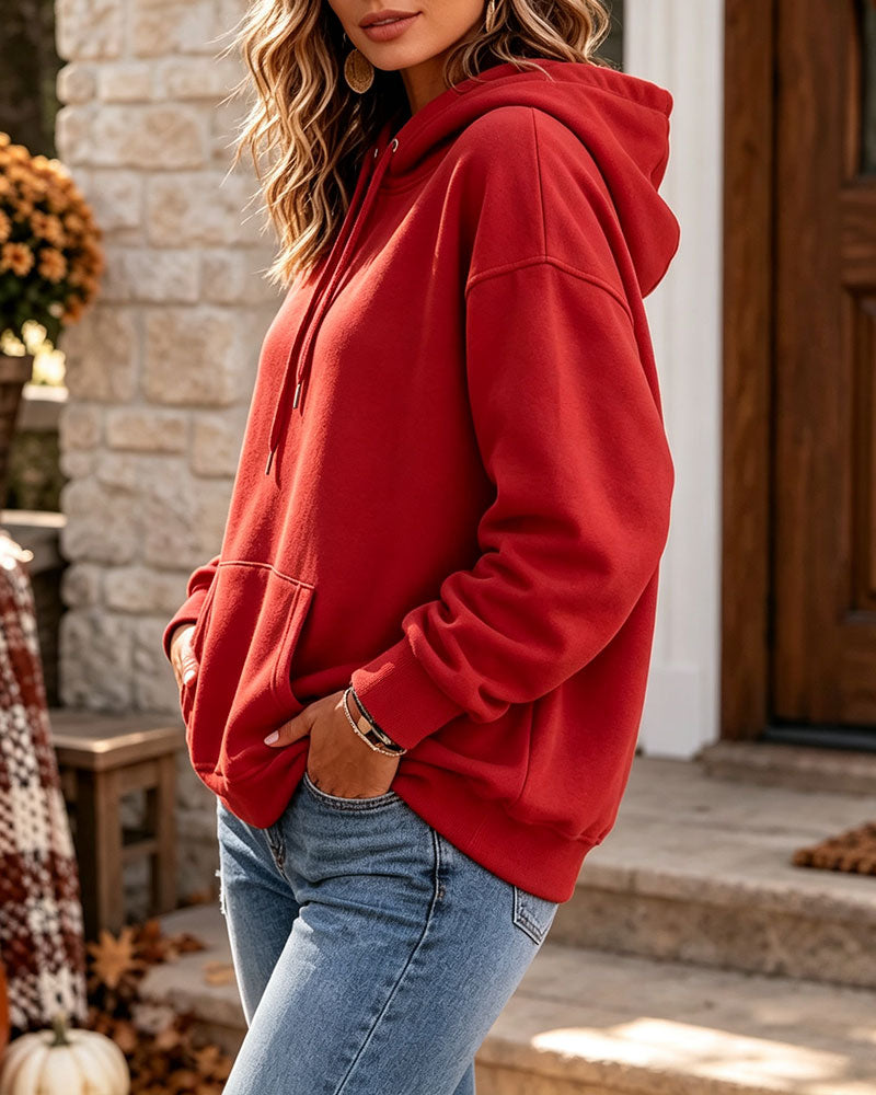 Hoodie Enfärgad Ledig Ficka