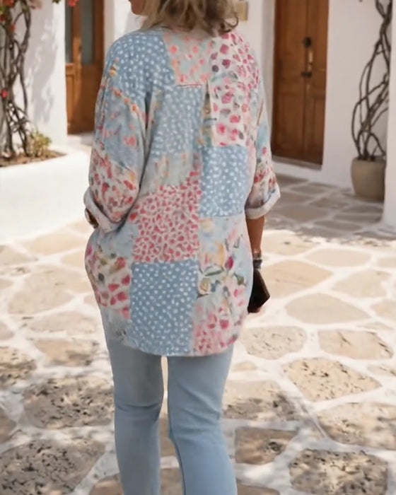 Skjorta Med Småblommigt Mönster Och Ståkrage