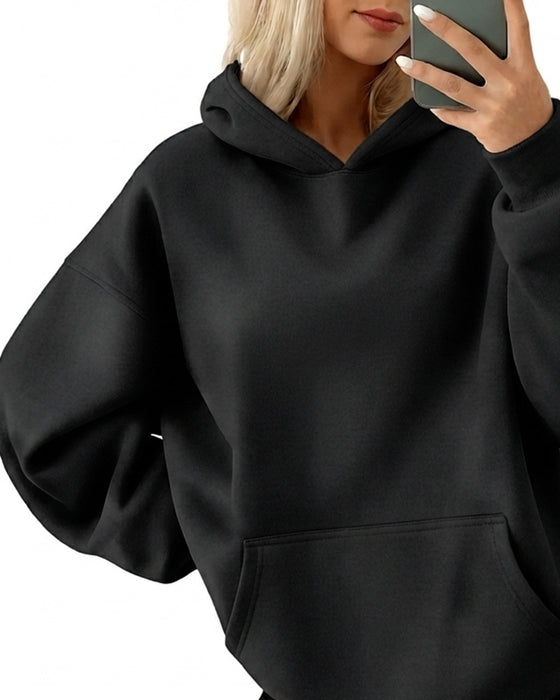 Hoodie Huvförsedd Ficka Solid Lös