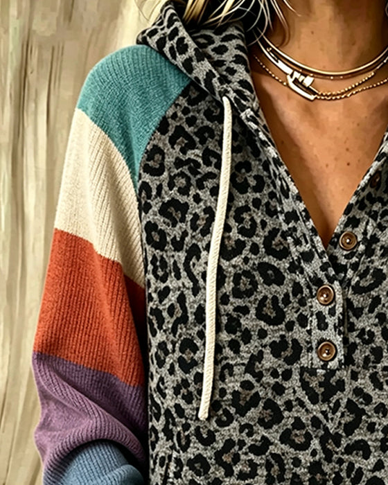 Hoodie Leopard Färgblock Knapp