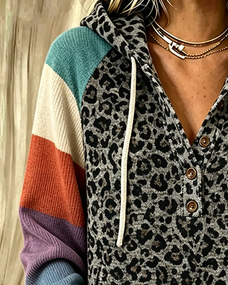 Hoodie Leopard Färgblock Knapp