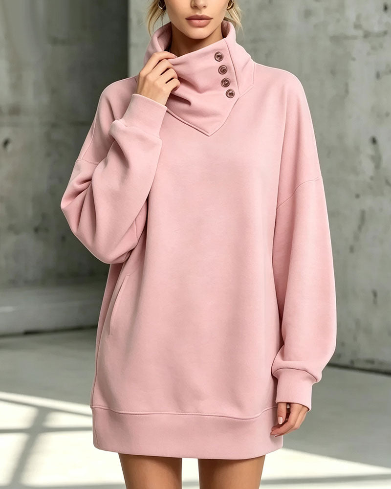Klänning Turtleneck Diagonal Knapp Loose Fit