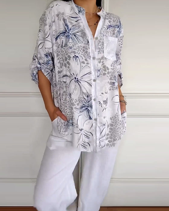 Skjorta Ståkrage Tryckt Ficka