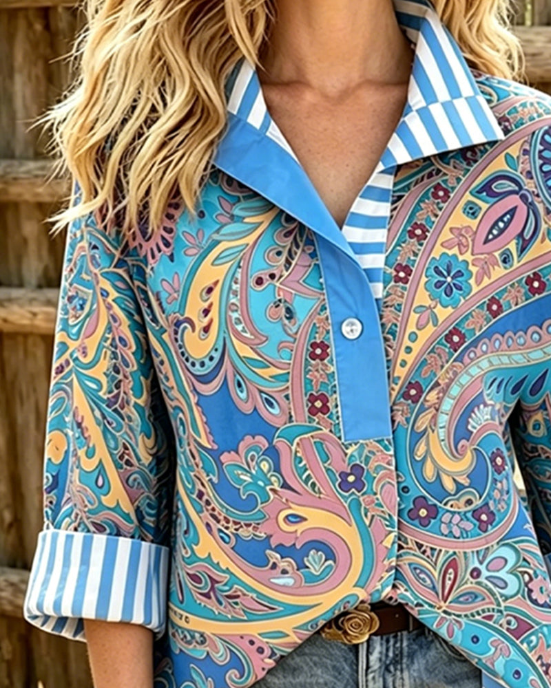 Blus Patchwork Blommig Tryck Casual