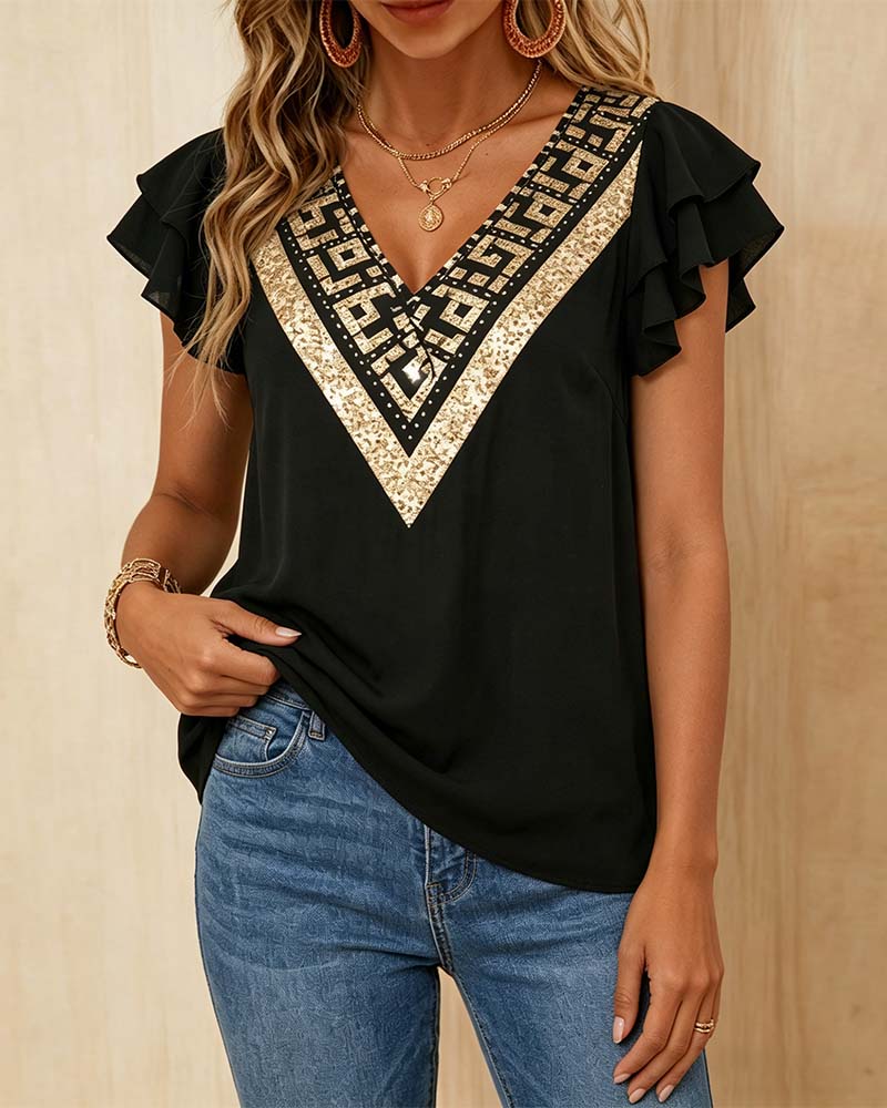 Blus Lotusbladstryck V-Ringad Kontrast