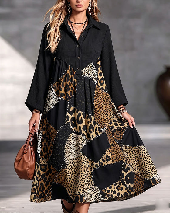 Klädning Leopard Färgblock Slag Lång Ärm