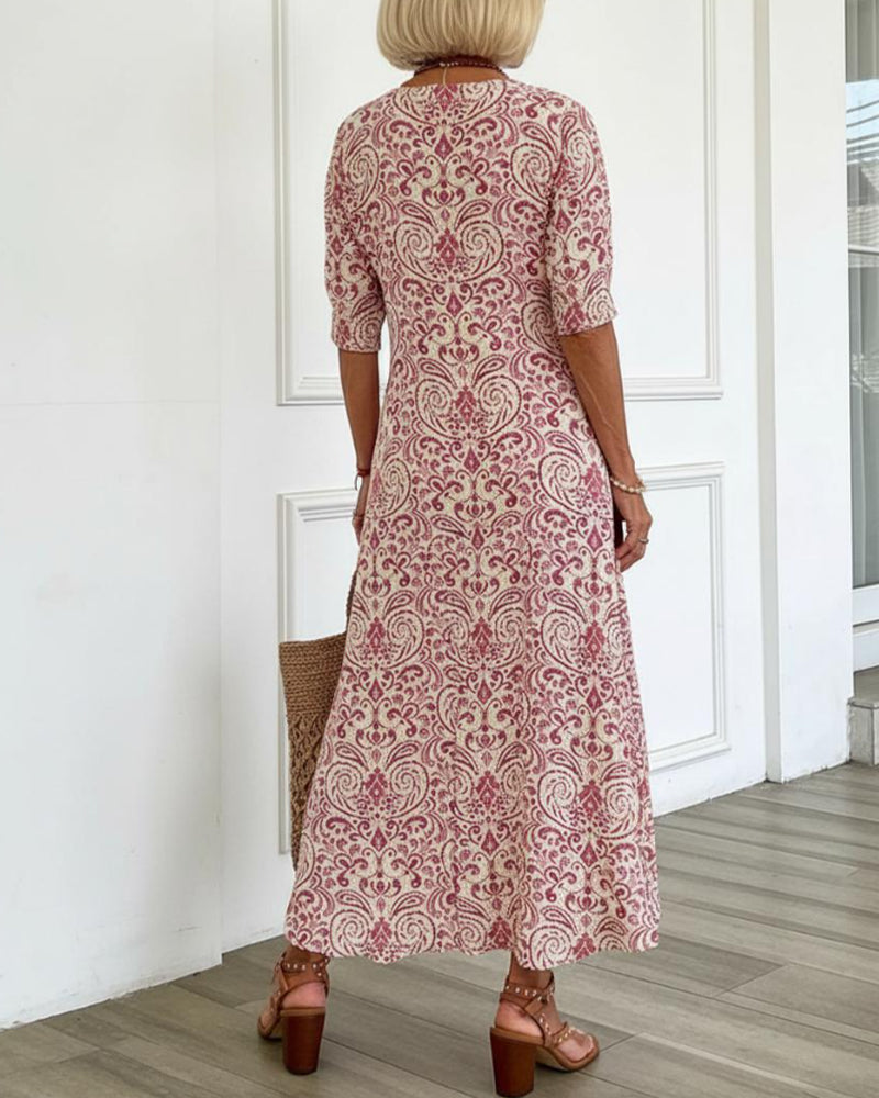 Klänning Vintage Blommönster V-Hals Maxi