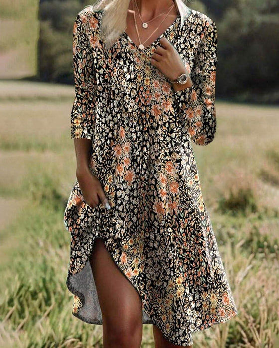 Klänning Långärmad Blommig Elegant