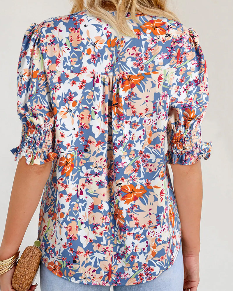Blus Elegant Småblommigt Mönster
