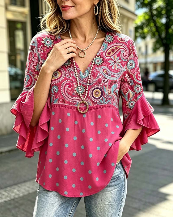Blus V-Hals Blommig Prickig Ruffle