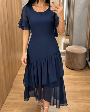 Klädning Rundhalsad Ruffle Solid