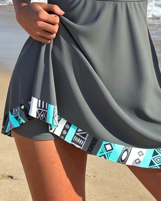 Swimdress Ärmlös V-Hals Geometrisk Tryck