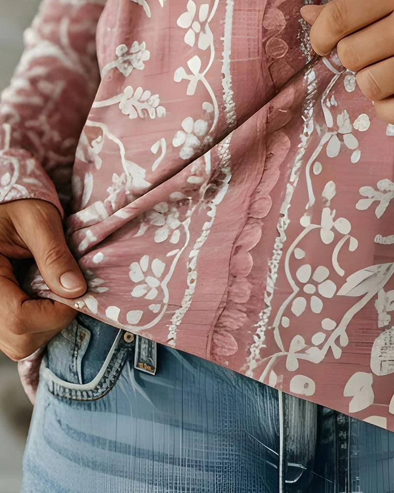 Topp Etniskt Print V-Ringning Långärmad