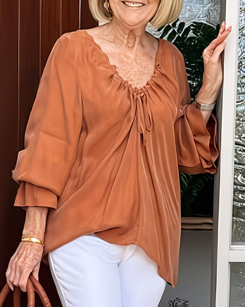 Blus V-Hals Rynkad Knytning Casual