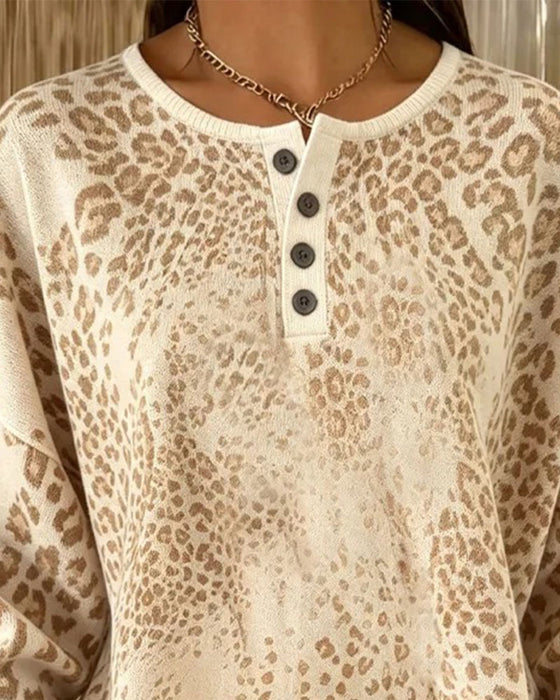 Sweatshirt Leopardmönster Rund Hals Loose Fit