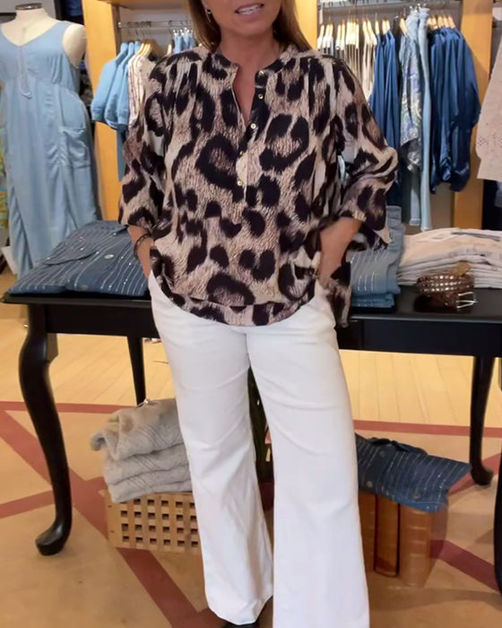 Blus Löst Leopardtryck Halv Knapp