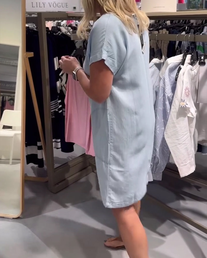 Klänning V-Hals Kort Ärm Denim Avslappnad