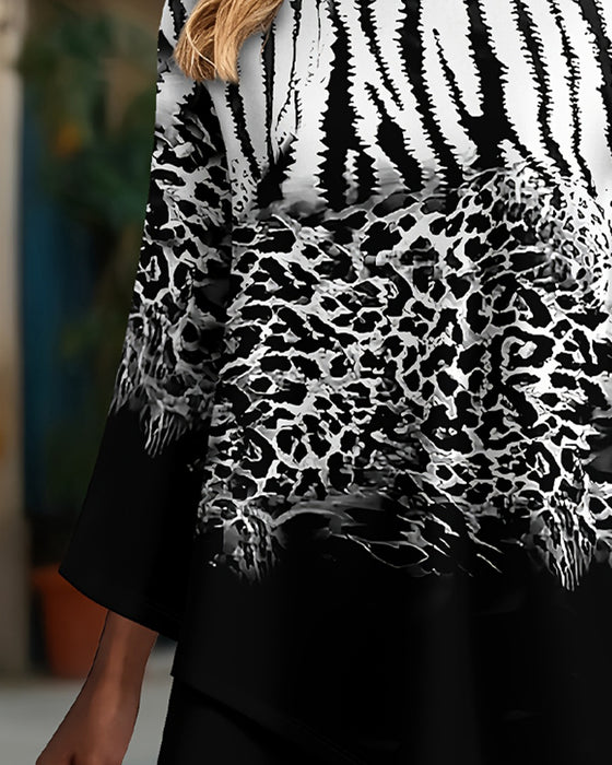 Blus Rund Hals Leopardmönster Oregelbunden