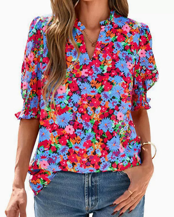 Blus Blommig Puff Kort Ärm
