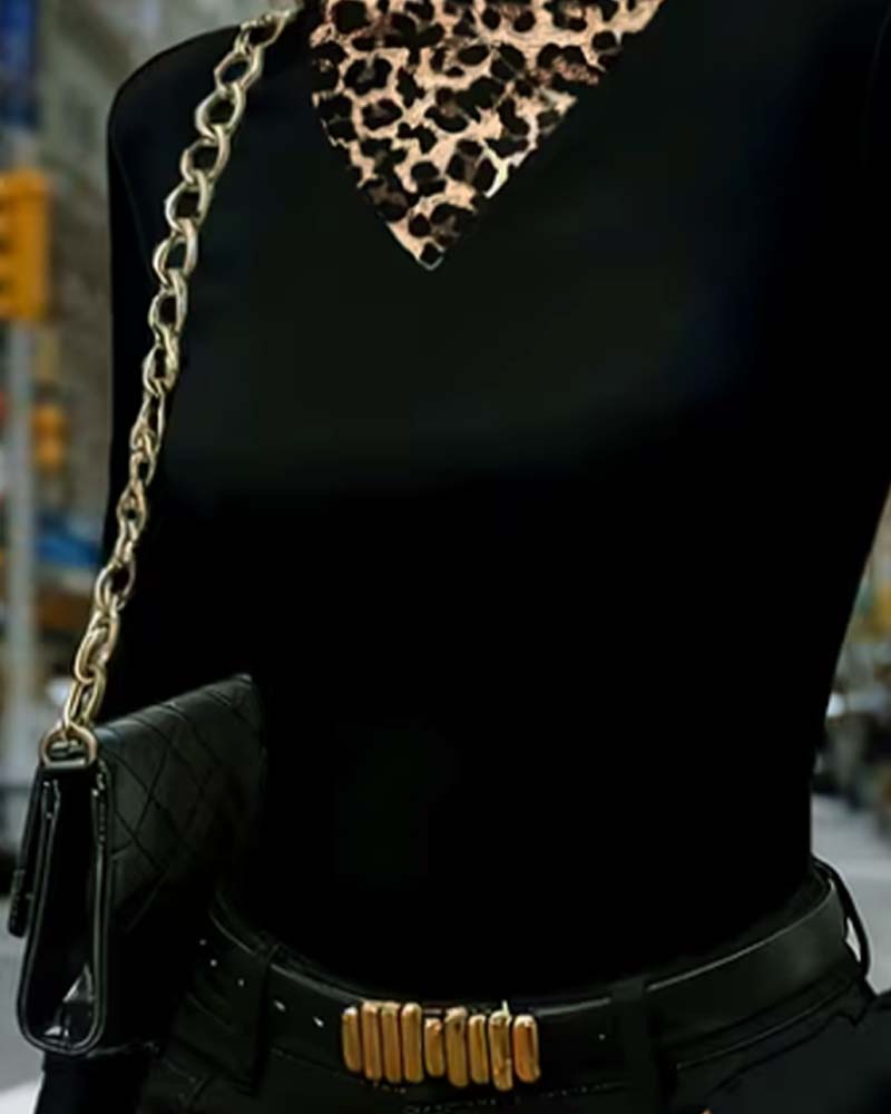 Topp Mock Neck Leopard Patchwork Åtsittande