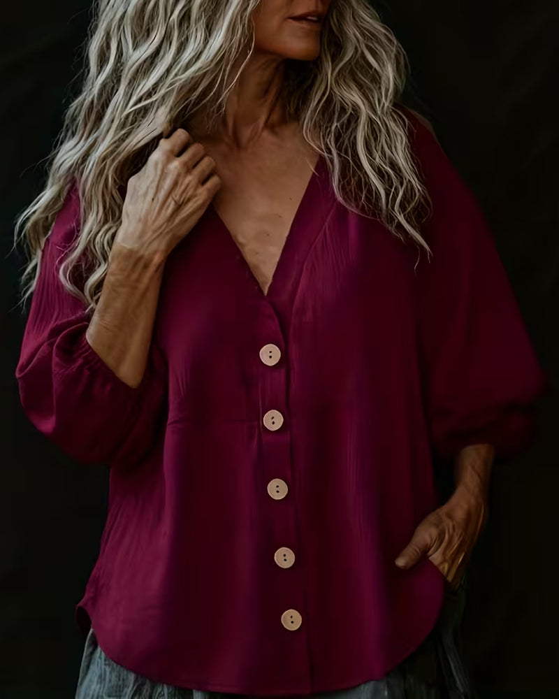 Blus V-Ringning Casual Knappning Ner
