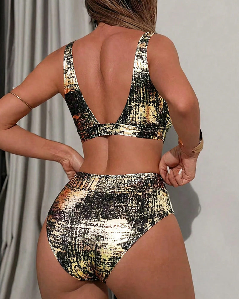 Bikini Guld Glansig Hög Midja