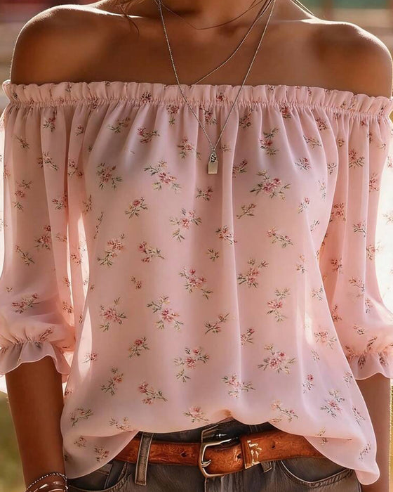 Blus Off-Shoulder Blommig Tretrekvart Ärm