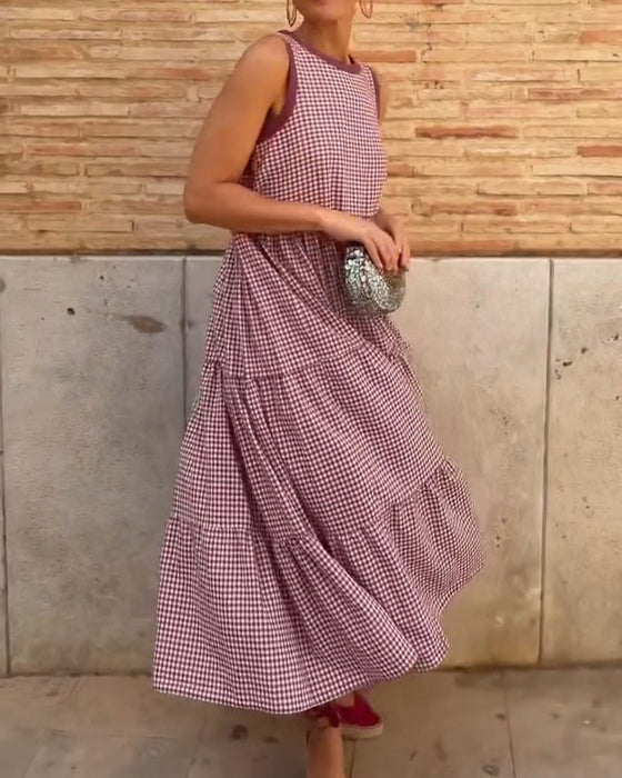 Klänning Rund Hals Plaid Ärmlös