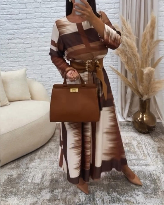 Retro långärmad klänning med rund hals i kontrastfärg