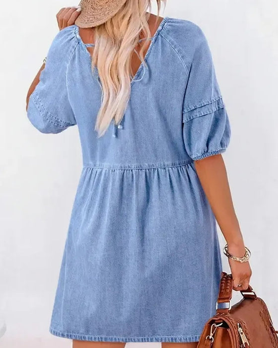 Klänningar Denim V-Hals Puff Ärm