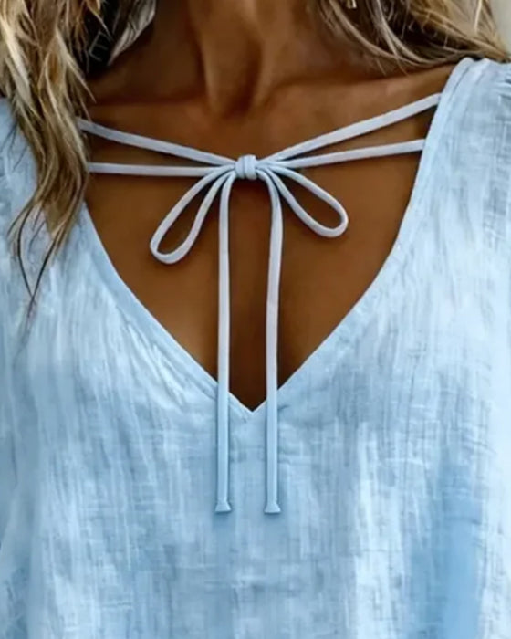 Blus V-Hals Dragsko Bomull Lin