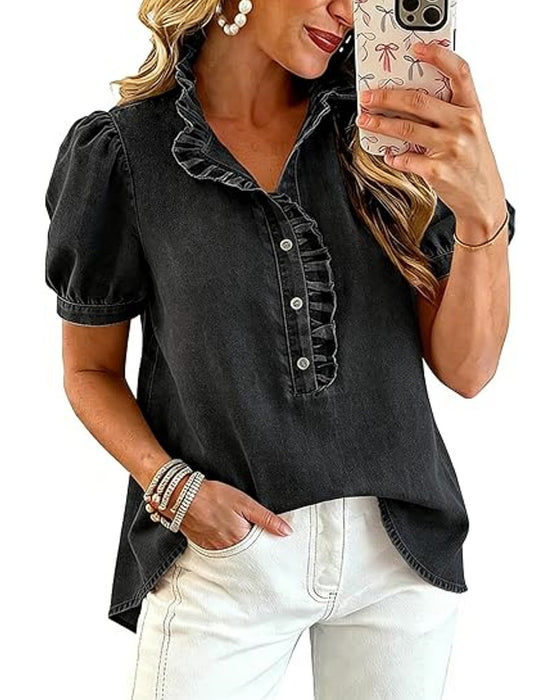 Blus Knapp Upp Ruffle Denim
