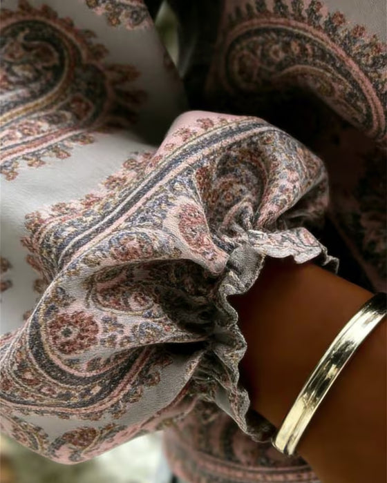 Blus Paisley Mönster V-Hals Lykta Ärm