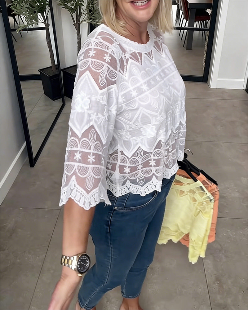 Blus Sheer Mesh Spets Trefjärdedels Ärm