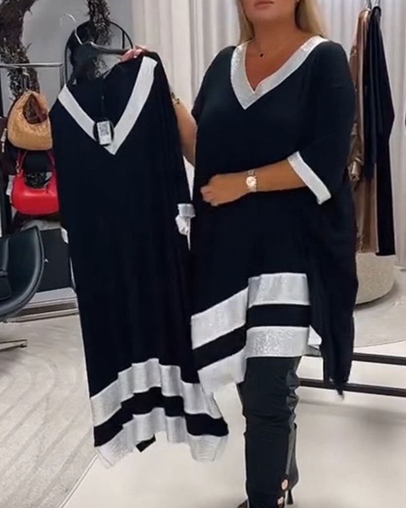 Klänning V-Hals Kortärmad Färgblock Loose Fit
