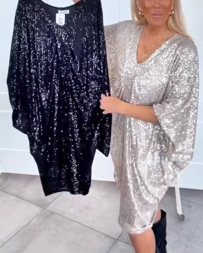 Lös V-Ringad Klänning Med Batwing-Ärmar