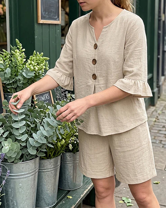 Set Ruffle Knapp Kort Ärm Shorts