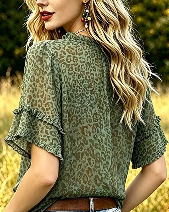 Blus Gröntons Leopard Tryck Ruffle