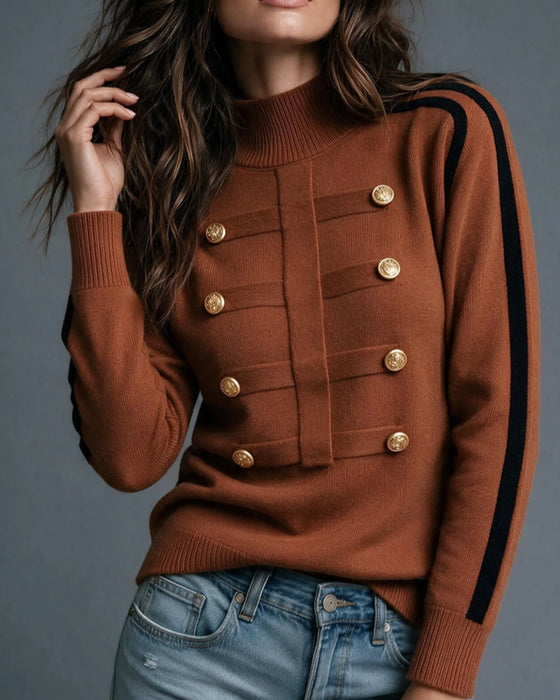 Pullover Polokrage Metallknapp Färgblock