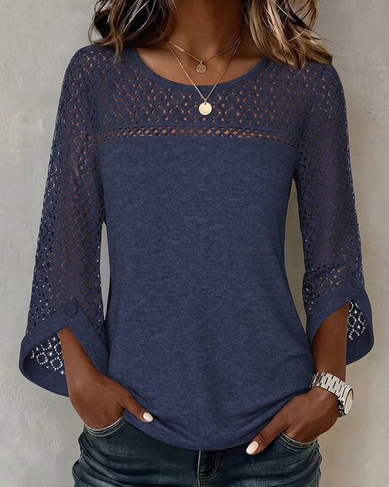 T-Shirt Hollow Out Lång Ärm Patchwork