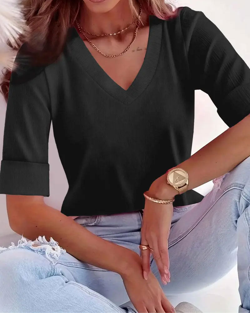 Topp V-Hals Trekvart Ärm Slim Passform