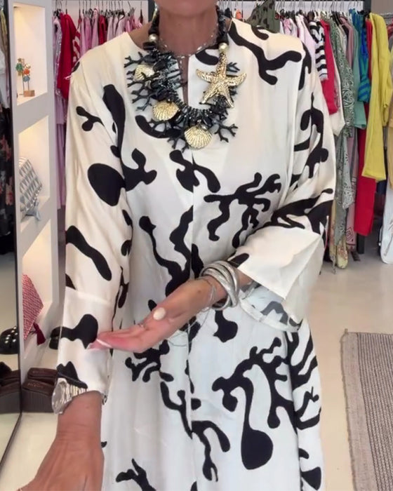Klänning Lång Ärm Vintage Tryck
