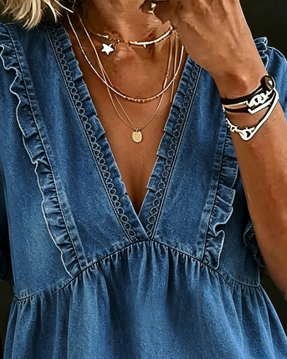 Blus V-Hals Kort Ärm Ruffle Bubbla