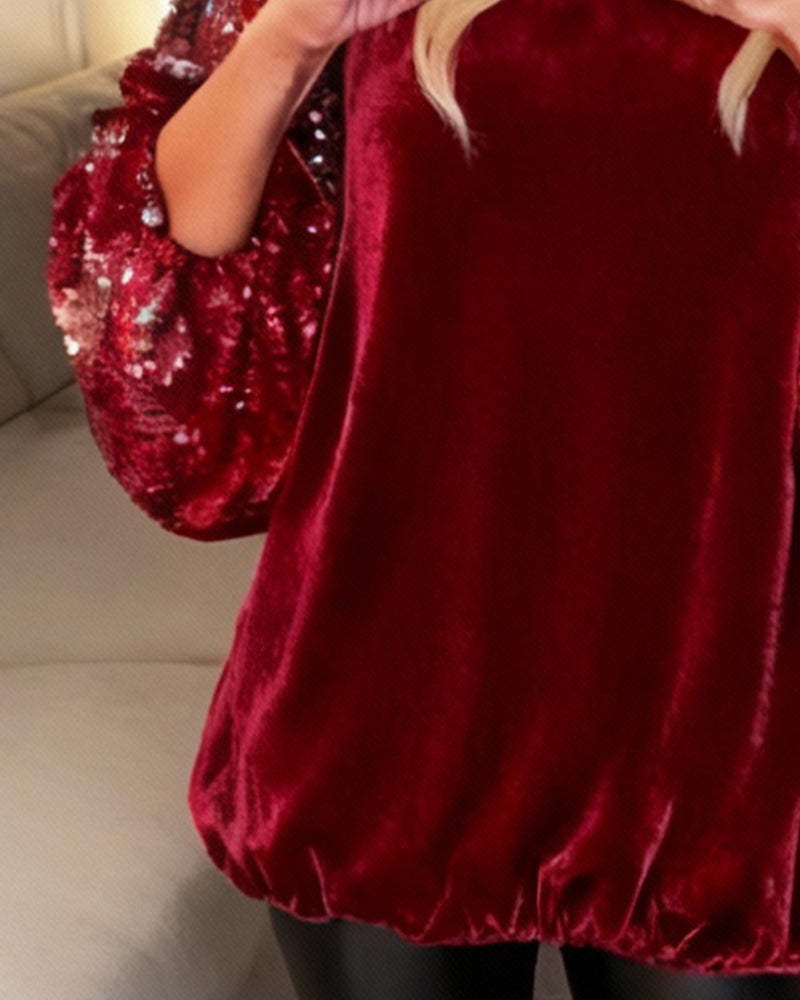 Enfärgad Långärmad Topp Med Paljetter Och Lapptäcktsdetaljer