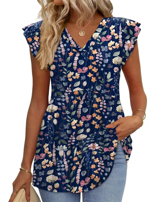 Blus Akvarell Blommig V-Hals Babydoll
