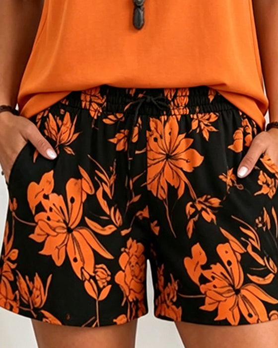 Set V-Hals Ärmlös Topp Och Tryck Shorts