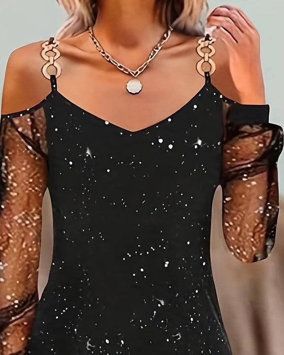 Klänning Med Axelband Nätinslag Långärmad