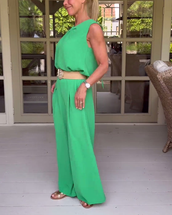 Ärmlöst linne med vida benbyxor med enfärgad och ihålig färg